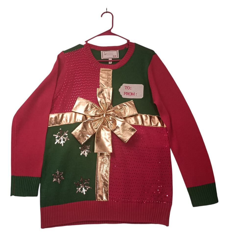 Derek Heart Christmas Sweater Red/Green Styled like a Package large Gold Bow LG